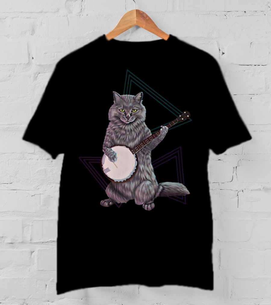 Banjo Cat Rock Kitty Playing The Banjo Triangular Neon Background T-Shirt