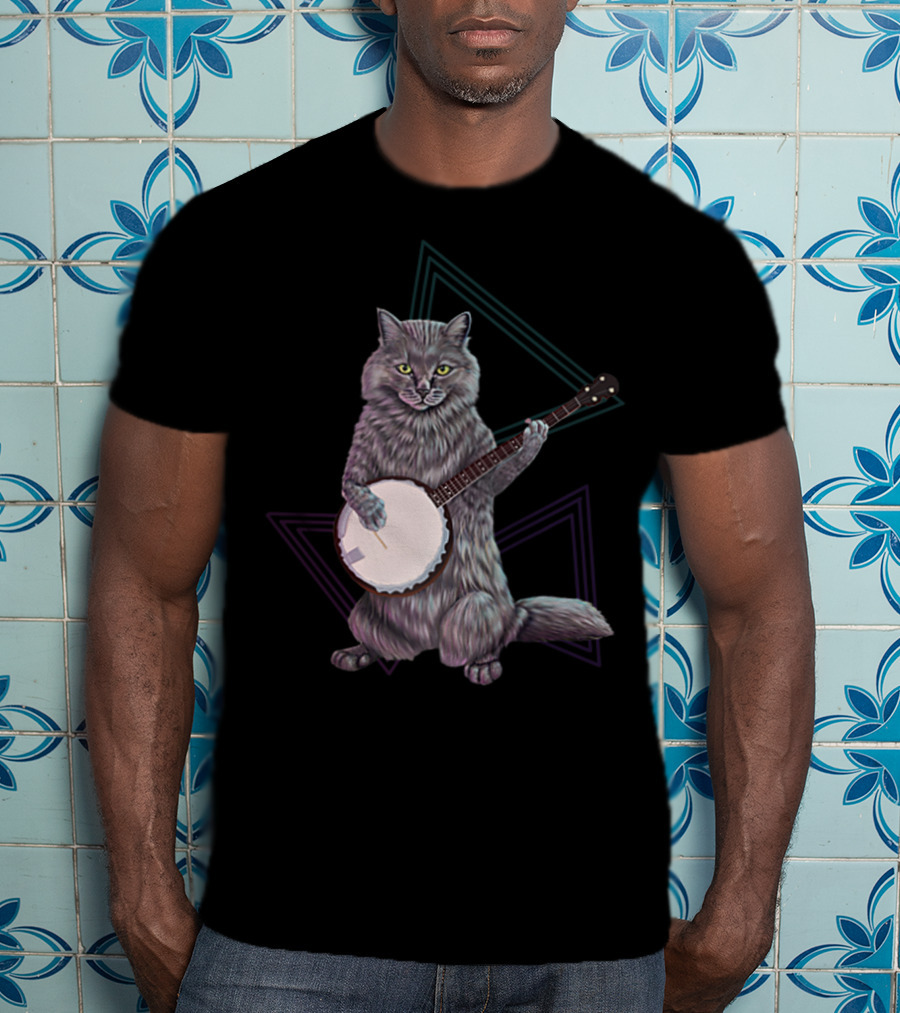 Banjo Cat Rock Kitty Playing The Banjo Triangular Neon Background T-Shirt