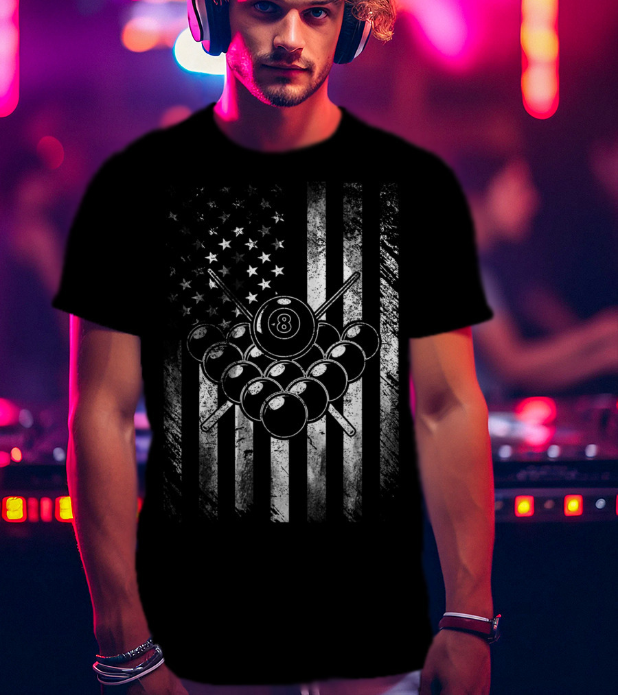 American Flag Billiards Player Pool 8 Ball T-Shirt