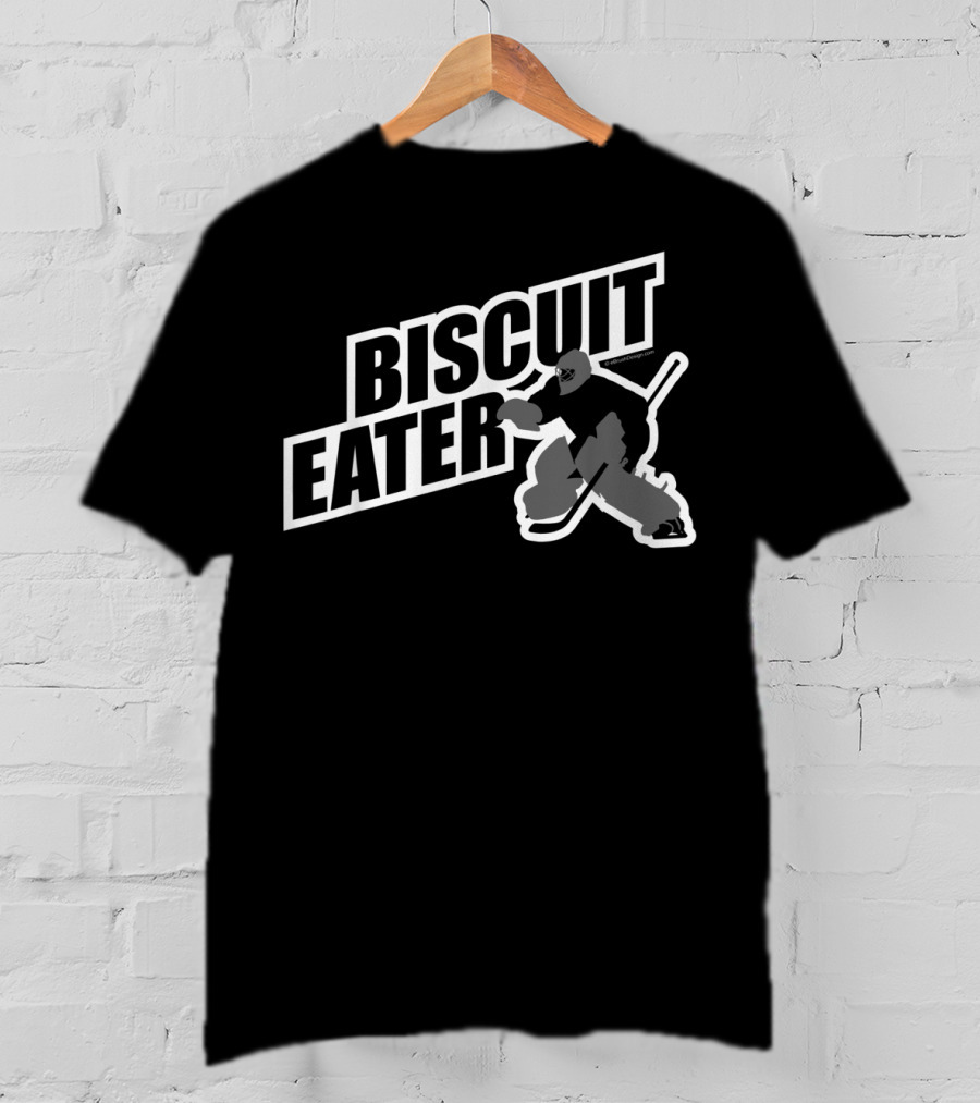 Biscuit Eater Hockey Goalie Retro Style Block Text With Silhouette Of Ice Hockey Player In Action T-Shirt