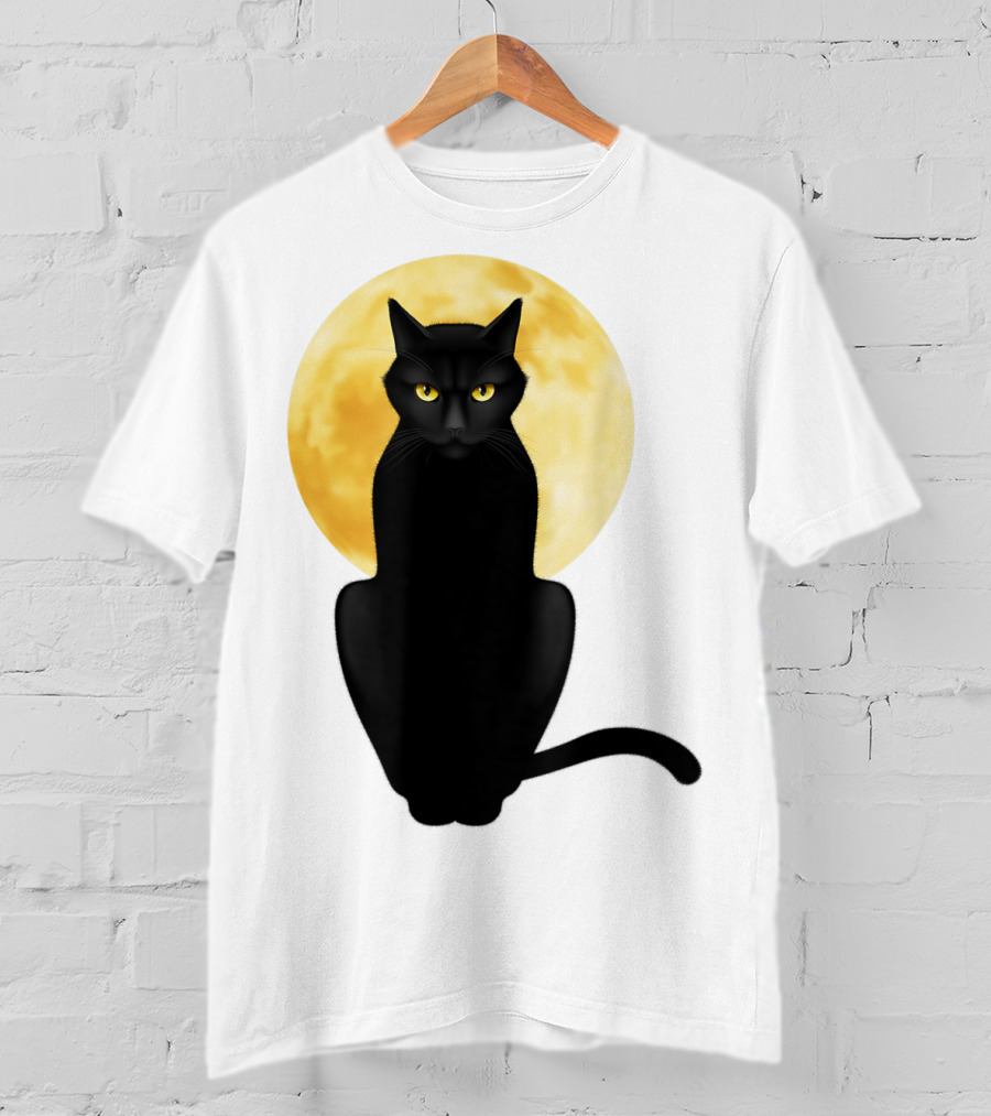 Black Cat Yellow Eyes Full Moon T-Shirt