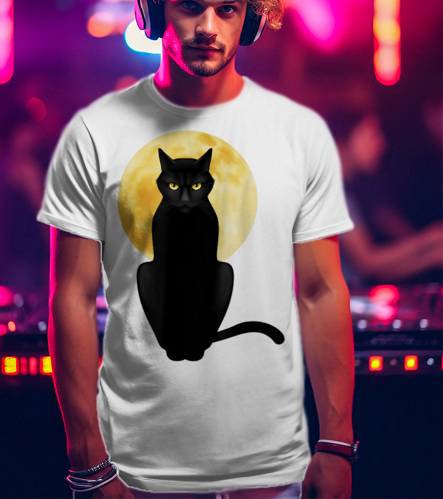 Black Cat Yellow Eyes Full Moon T-Shirt