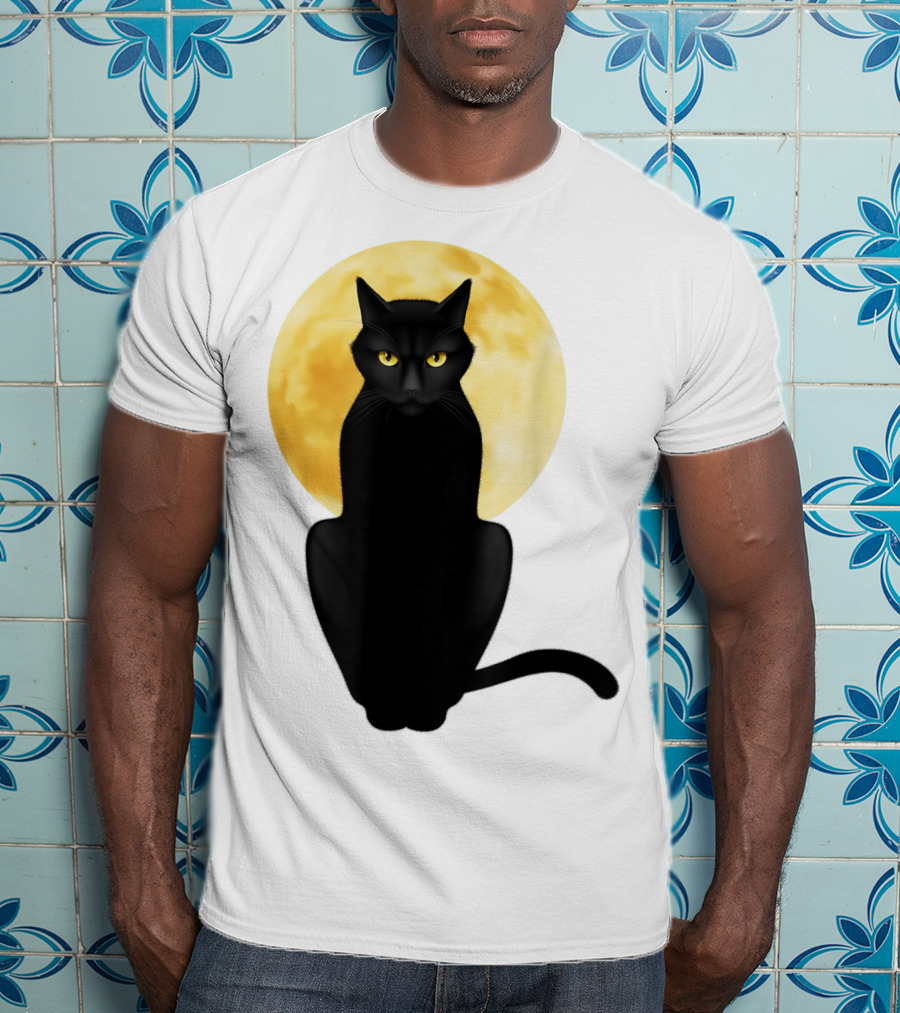 Black Cat Yellow Eyes Full Moon T-Shirt