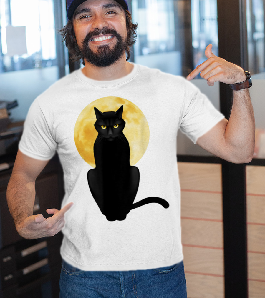 Black Cat Yellow Eyes Full Moon T-Shirt