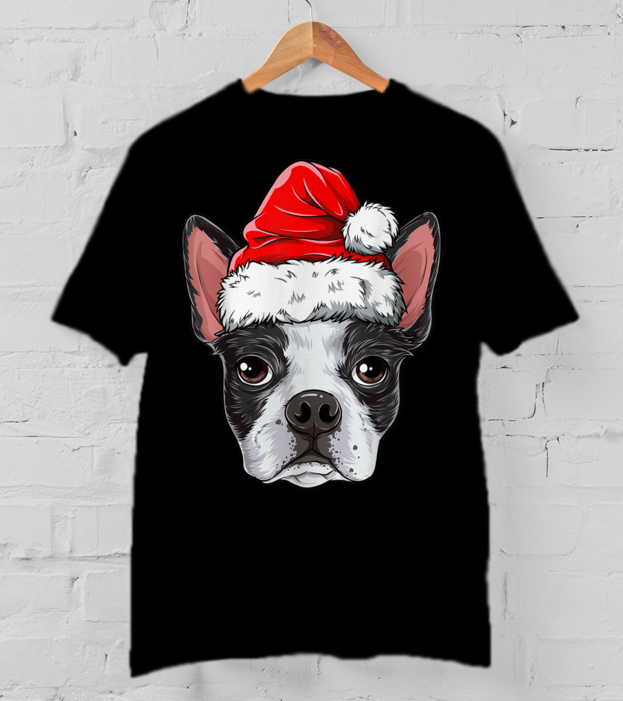 Boston Terrier Christmas Dog Santa Hat T-Shirt
