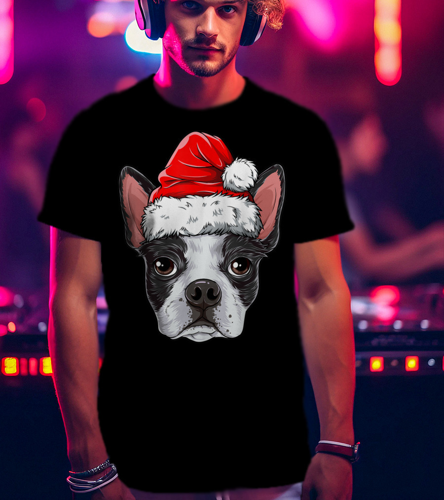 Boston Terrier Christmas Dog Santa Hat T-Shirt