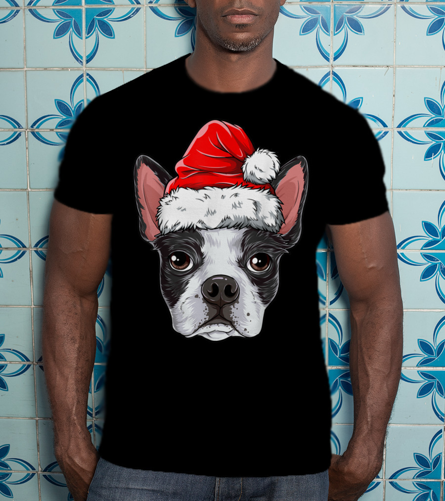 Boston Terrier Christmas Dog Santa Hat T-Shirt
