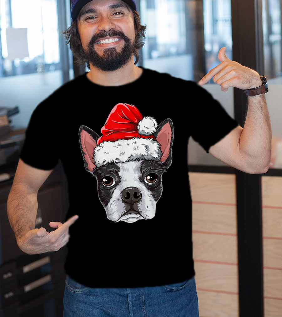 Boston Terrier Christmas Dog Santa Hat T-Shirt