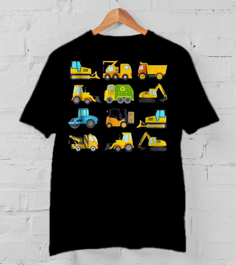 Boys' Colorful Construction Trucks And Diggers Vehicles Short Sleeved T-Shirt
