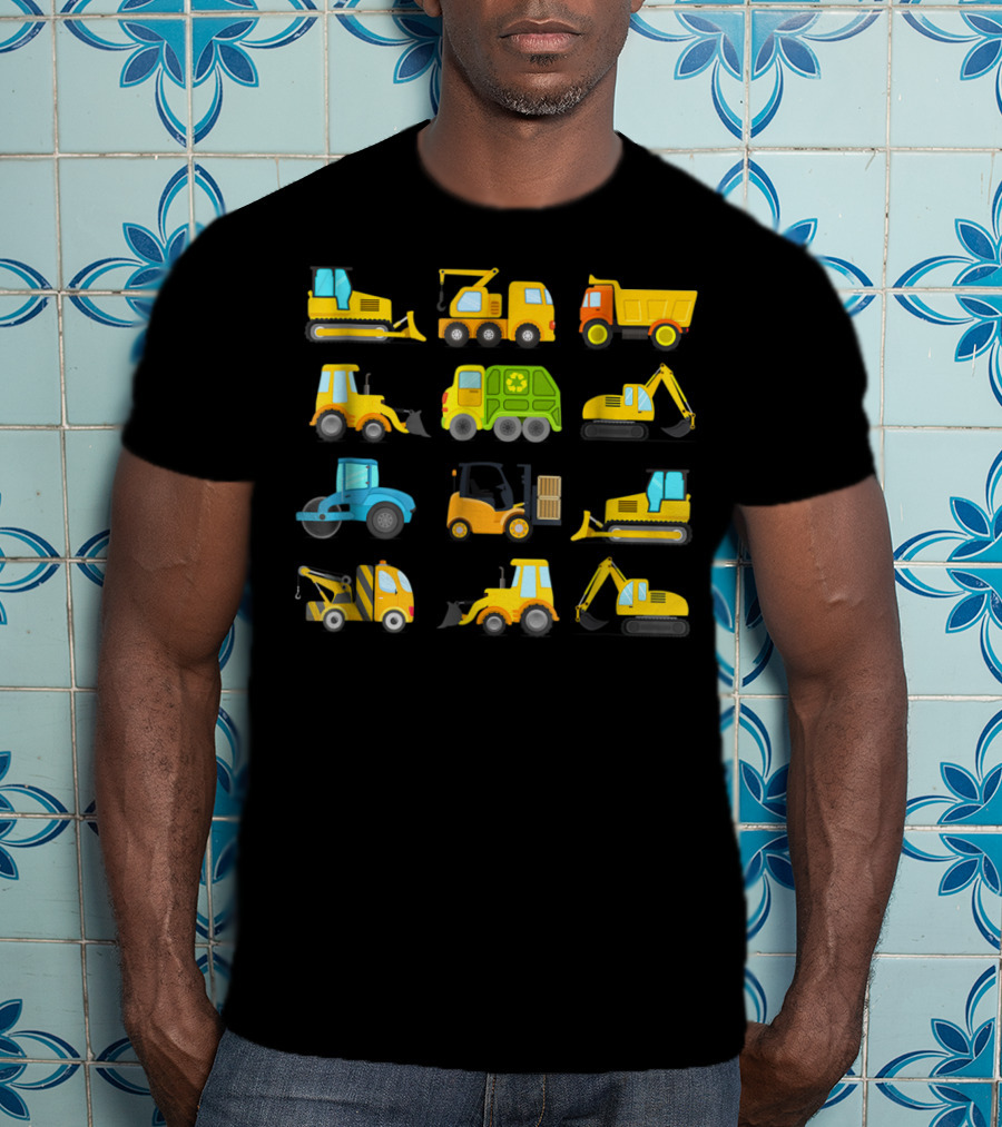 Boys' Colorful Construction Trucks And Diggers Vehicles Short Sleeved T-Shirt