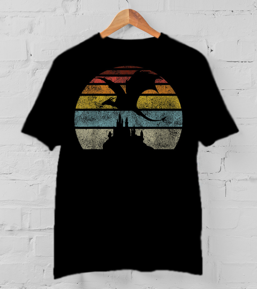 Castle And Dragon Silhouette Against Retro Sunset Stripes T-Shirt