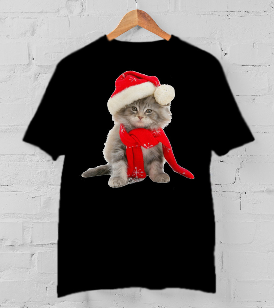 Cat Kitten In Santa Hat And Red Scarf T-Shirt