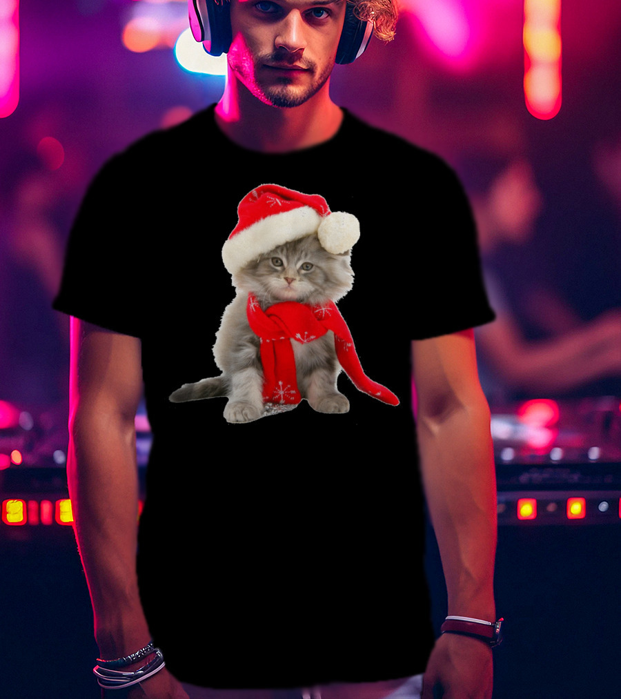 Cat Kitten In Santa Hat And Red Scarf T-Shirt