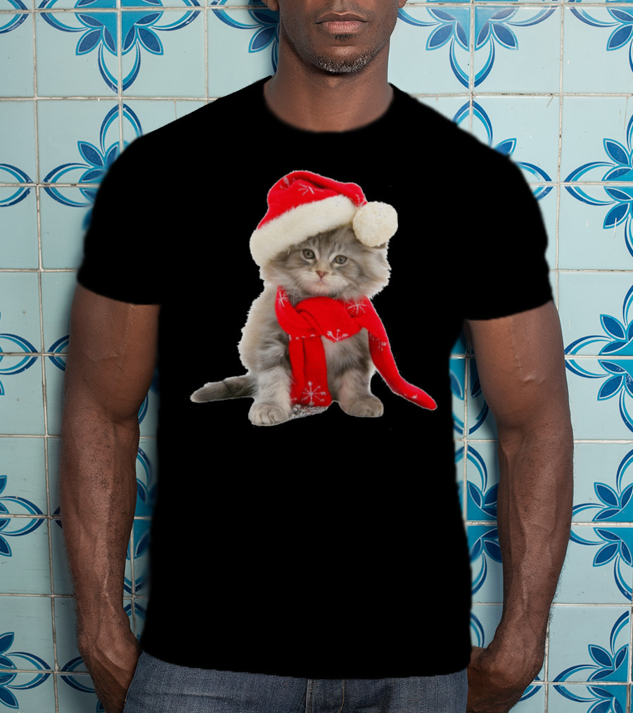 Cat Kitten In Santa Hat And Red Scarf T-Shirt