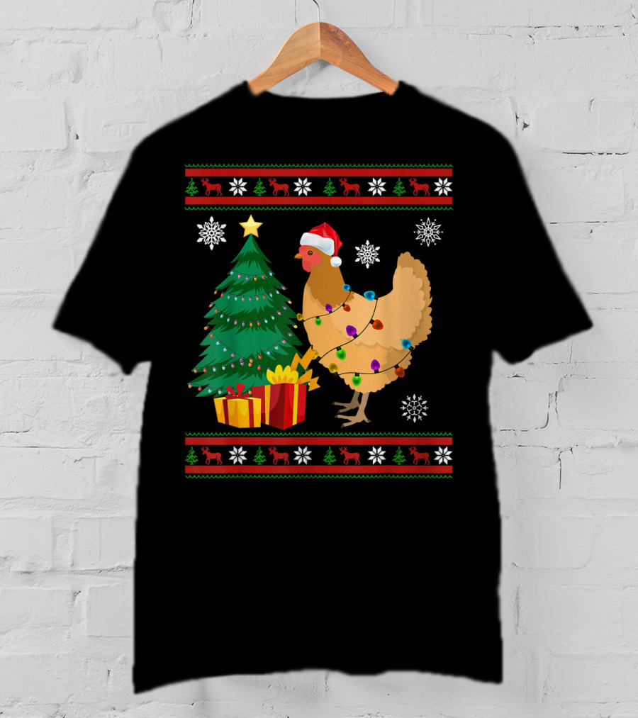 Chicken Christmas Decorations Santa Tree Snowflakes Reindeer T-Shirt