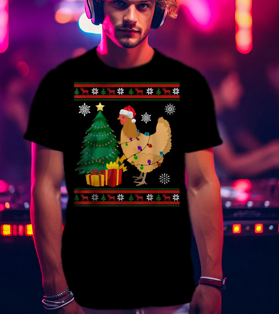 Chicken Christmas Decorations Santa Tree Snowflakes Reindeer T-Shirt