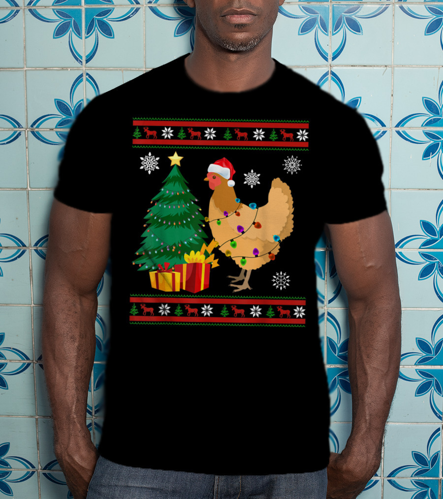 Chicken Christmas Decorations Santa Tree Snowflakes Reindeer T-Shirt