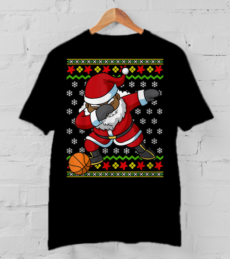 Christmas Black African American Santa Dabbing Basketball Ugly T-Shirt