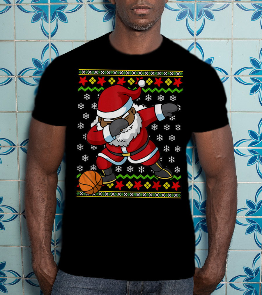 Christmas Black African American Santa Dabbing Basketball Ugly T-Shirt