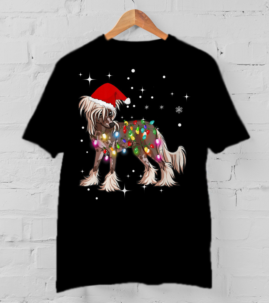 Christmas Lights Chinese Crested Dog With Santa Hat And Stars T-Shirt