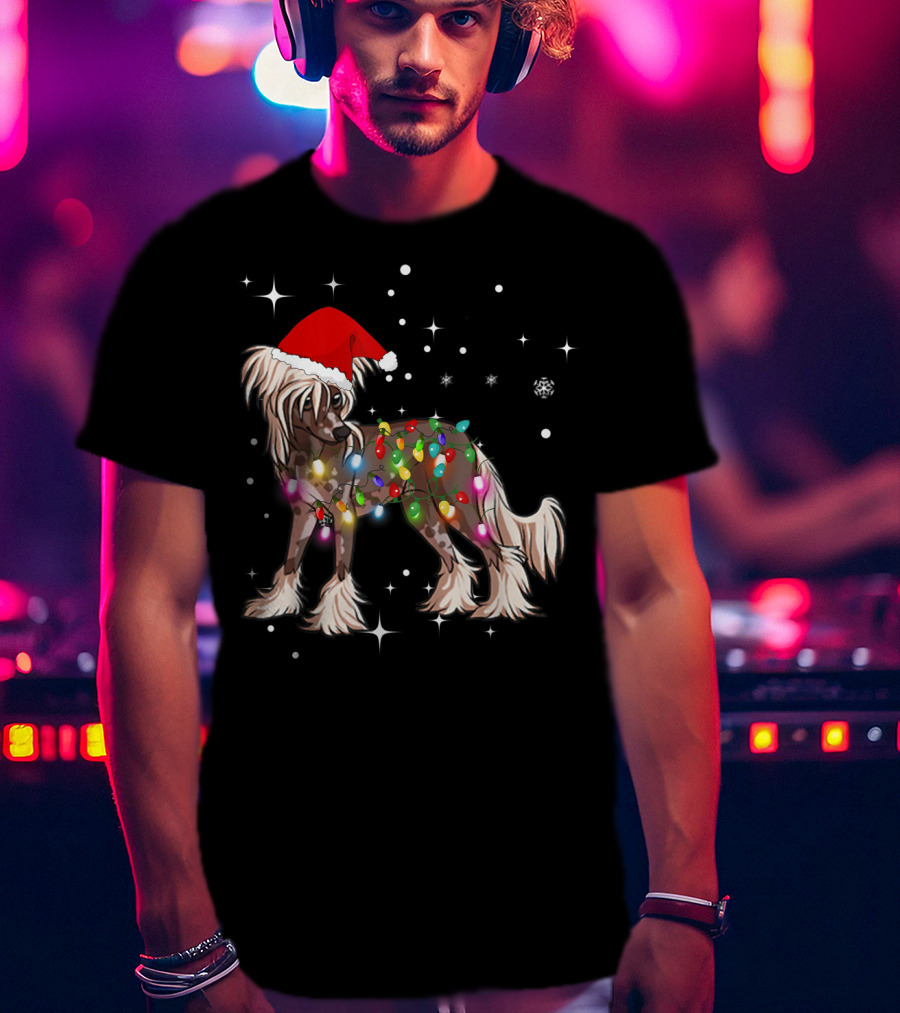 Christmas Lights Chinese Crested Dog With Santa Hat And Stars T-Shirt