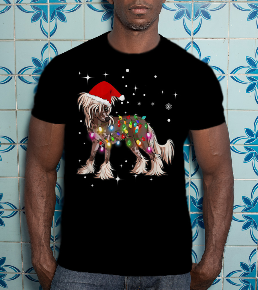 Christmas Lights Chinese Crested Dog With Santa Hat And Stars T-Shirt
