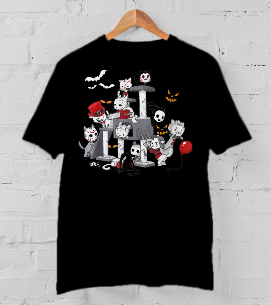 Cats Dressed As Iconic Creeps For Halloween Horror Movie Night T-Shirt