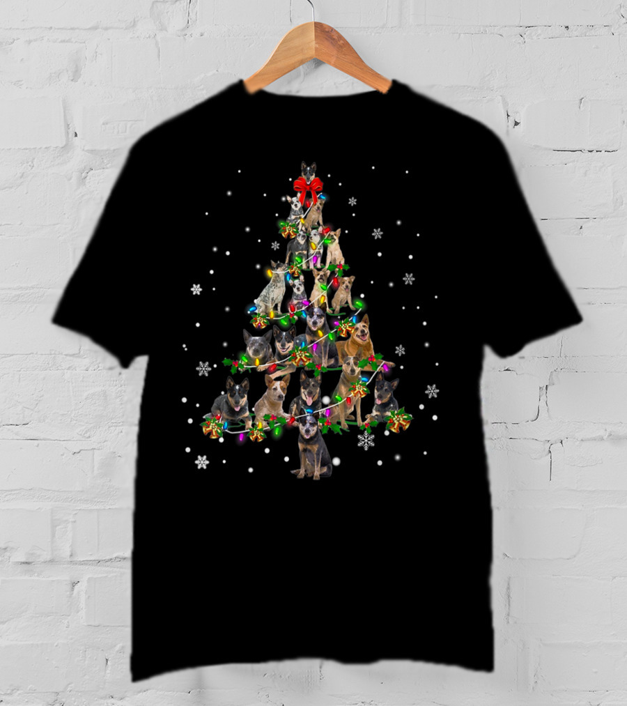 Cute Australian Cattle Dog Christmas Tree With Festive Lights And Snowflakes T-Shirt