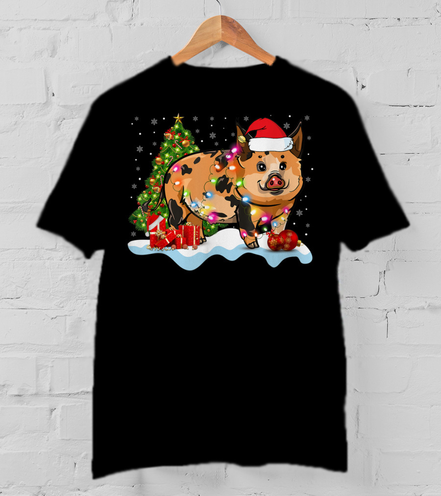 Kunekune Pig Santa Hat Christmas Tree Lights Snowflakes T-Shirt