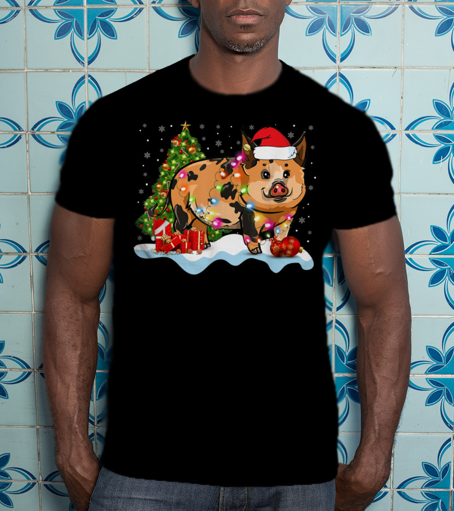 Kunekune Pig Santa Hat Christmas Tree Lights Snowflakes T-Shirt
