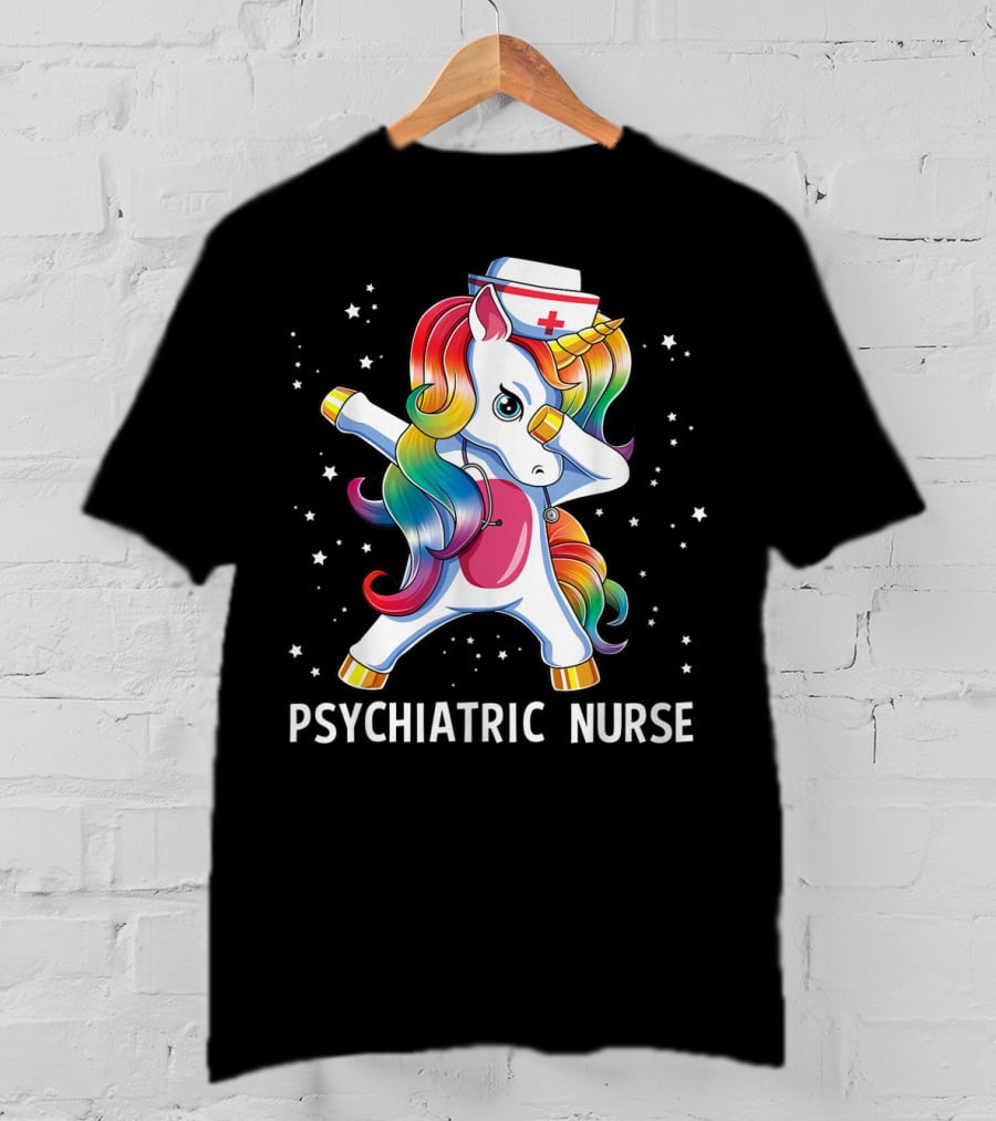 Dabbing Unicorn Rainbow Psychiatric Nurse With Nurse Hat And Stars T-Shirt