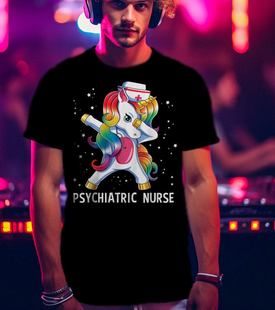 Dabbing Unicorn Rainbow Psychiatric Nurse With Nurse Hat And Stars T-Shirt