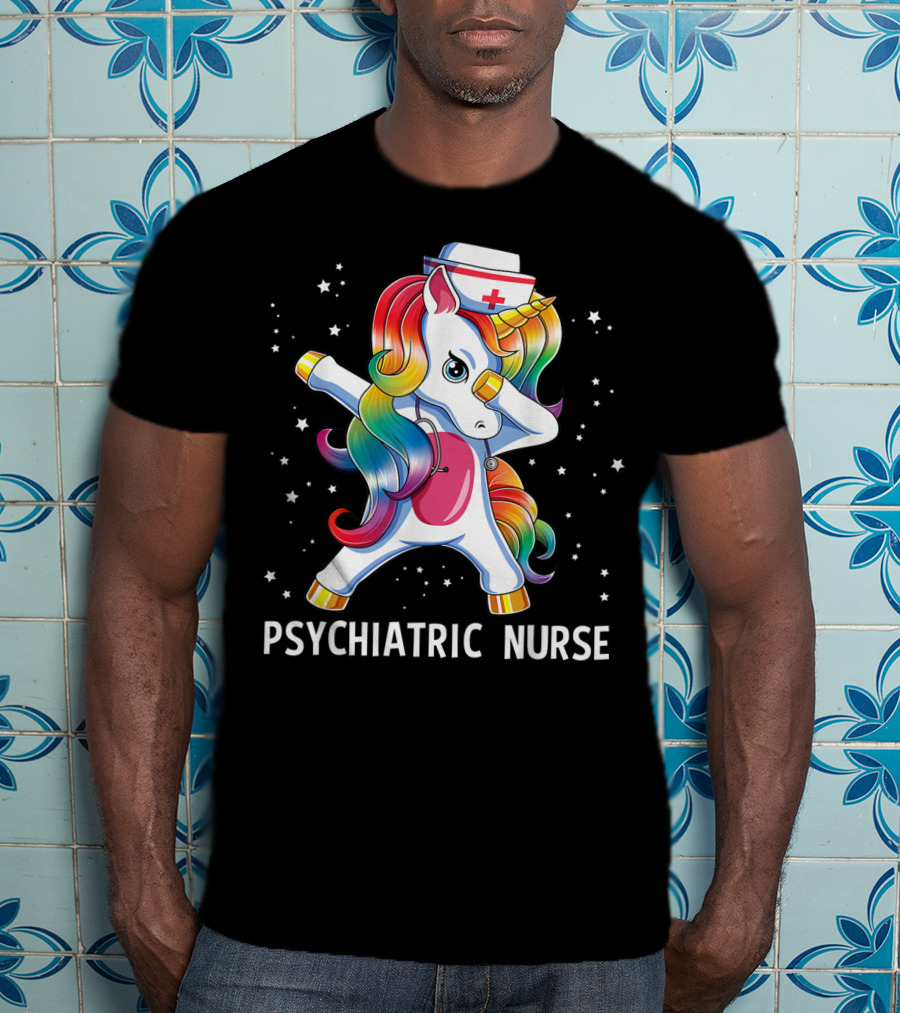 Dabbing Unicorn Rainbow Psychiatric Nurse With Nurse Hat And Stars T-Shirt