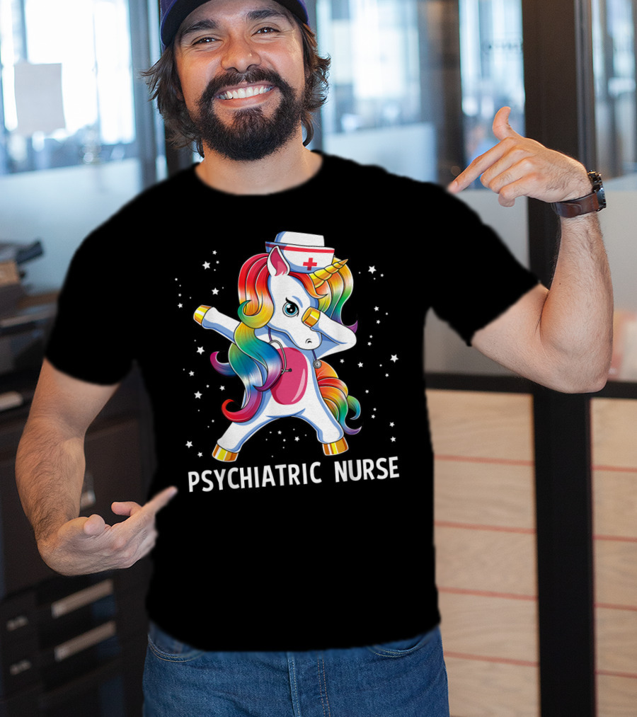 Dabbing Unicorn Rainbow Psychiatric Nurse With Nurse Hat And Stars T-Shirt