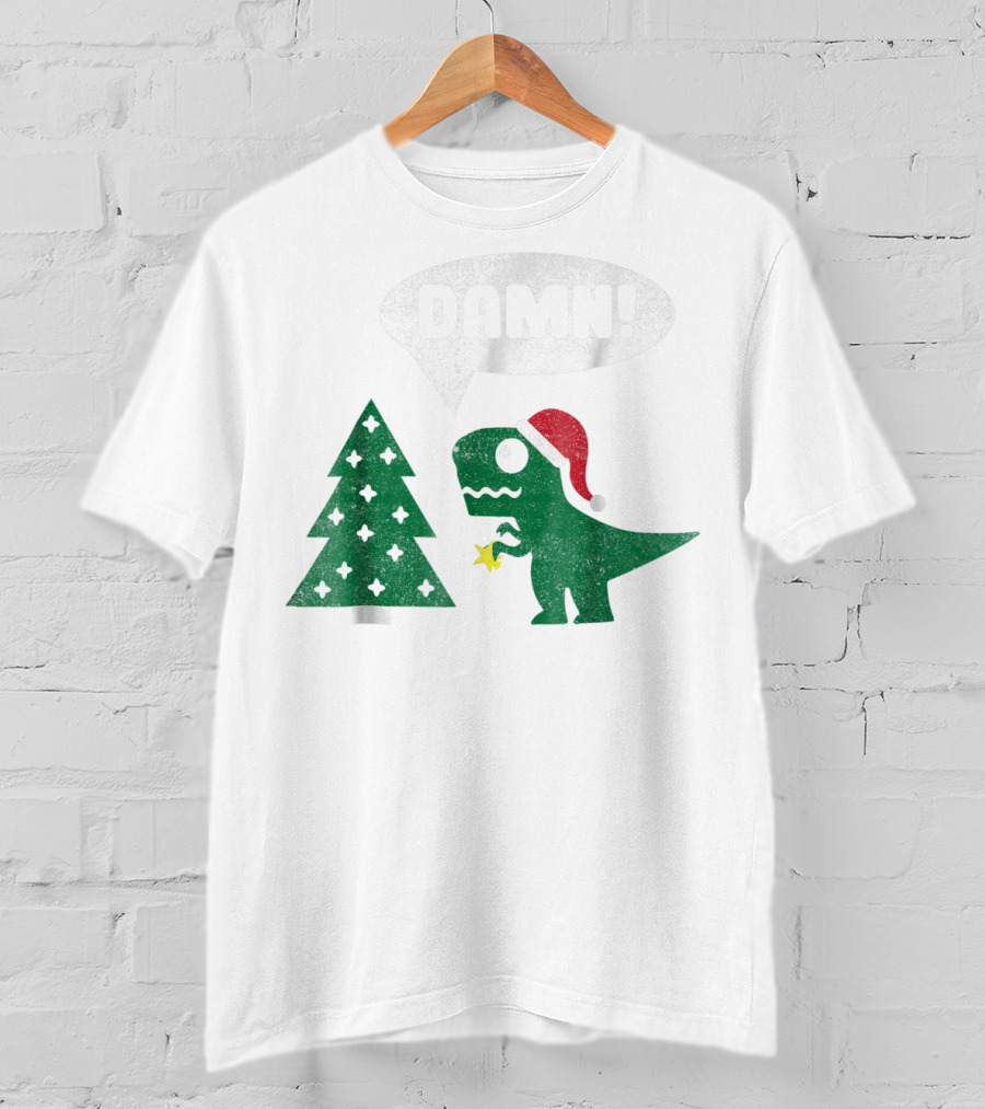 Damn Trex Hates Christmas Dinosaur Lover Funny Santa Dinosaur With Christmas Tree T-Shirt