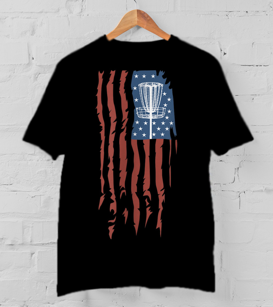 Disc Golf Basket American Flag Frisbee Sports USA T-Shirt