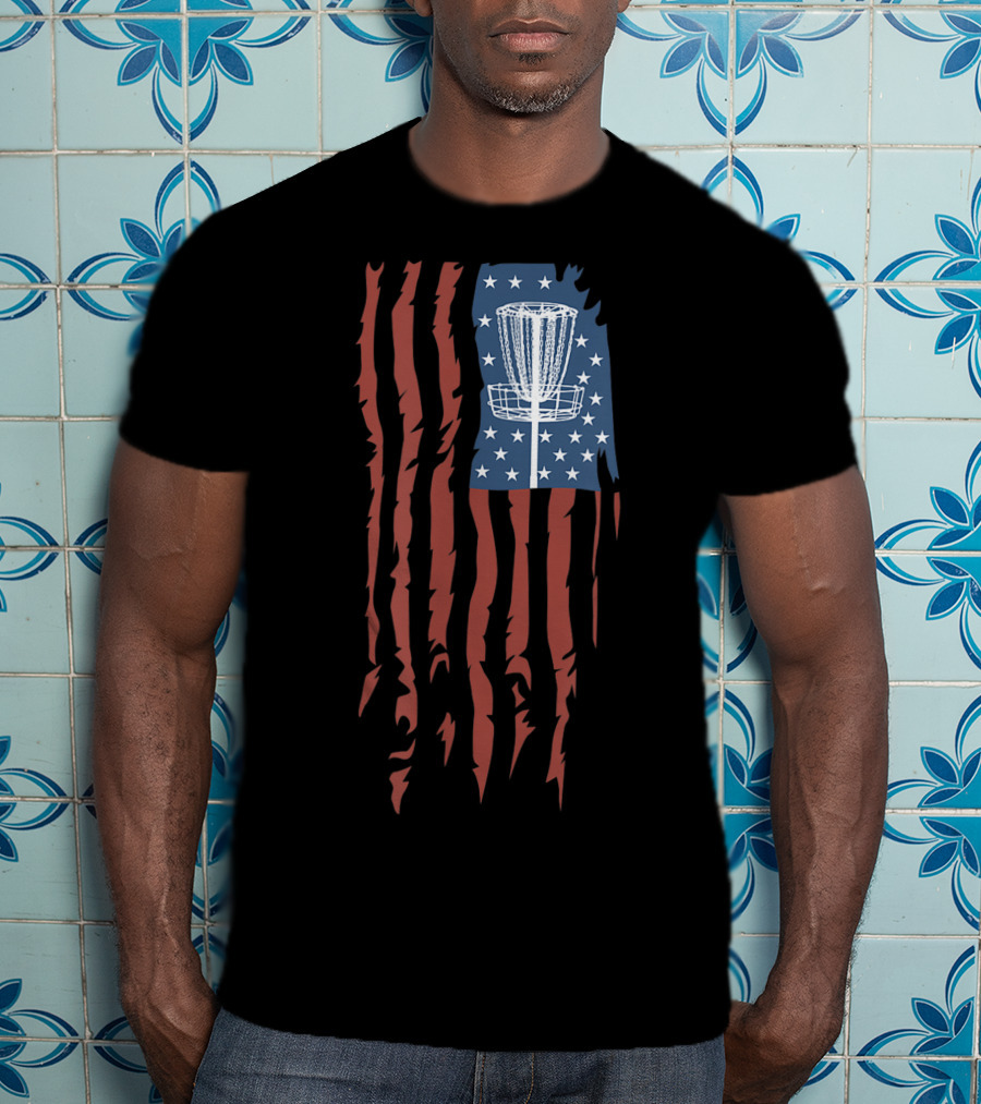 Disc Golf Basket American Flag Frisbee Sports USA T-Shirt