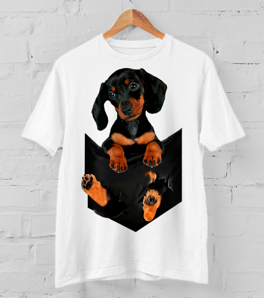 Doxie Dachshund Puppy Dog In Pocket T-Shirt