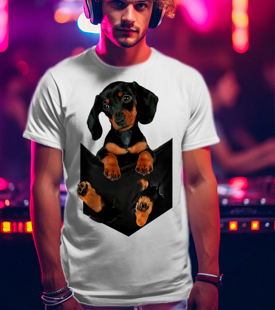 Doxie Dachshund Puppy Dog In Pocket T-Shirt