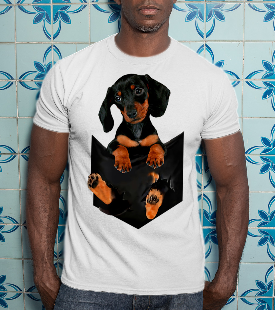 Doxie Dachshund Puppy Dog In Pocket T-Shirt