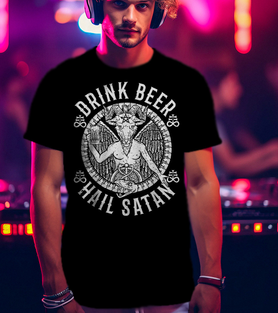Drink Beer Hail Satan Baphomet Goat Pentagram T-Shirt
