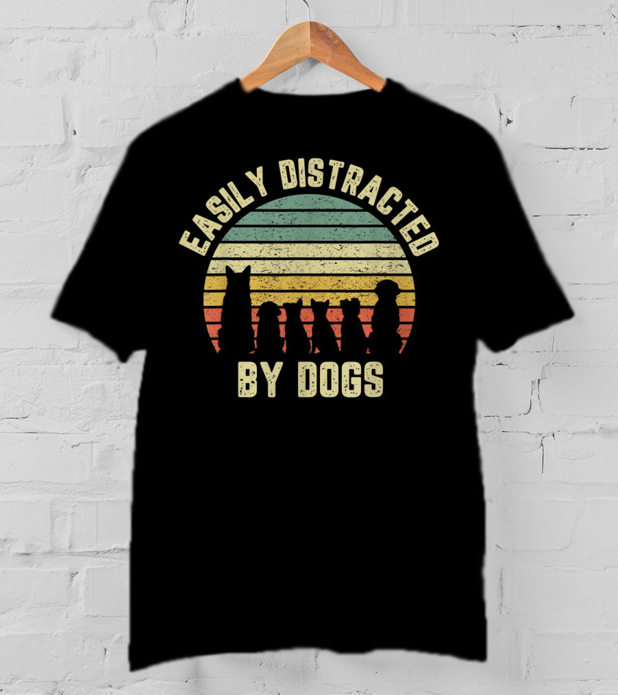 Easily Distracted By Dogs Retro Sunset T-Shirt