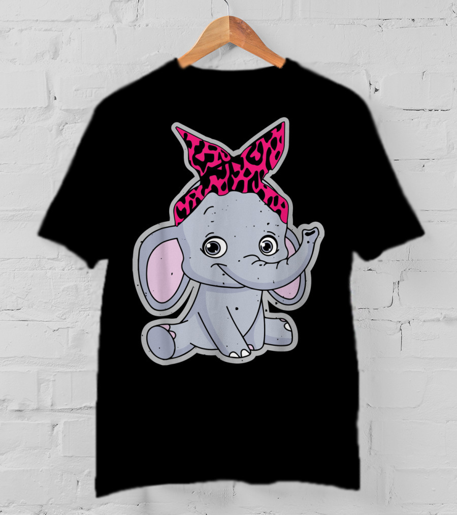 Elephants Cute Cartoon With Pink Leopard Bow T-Shirt