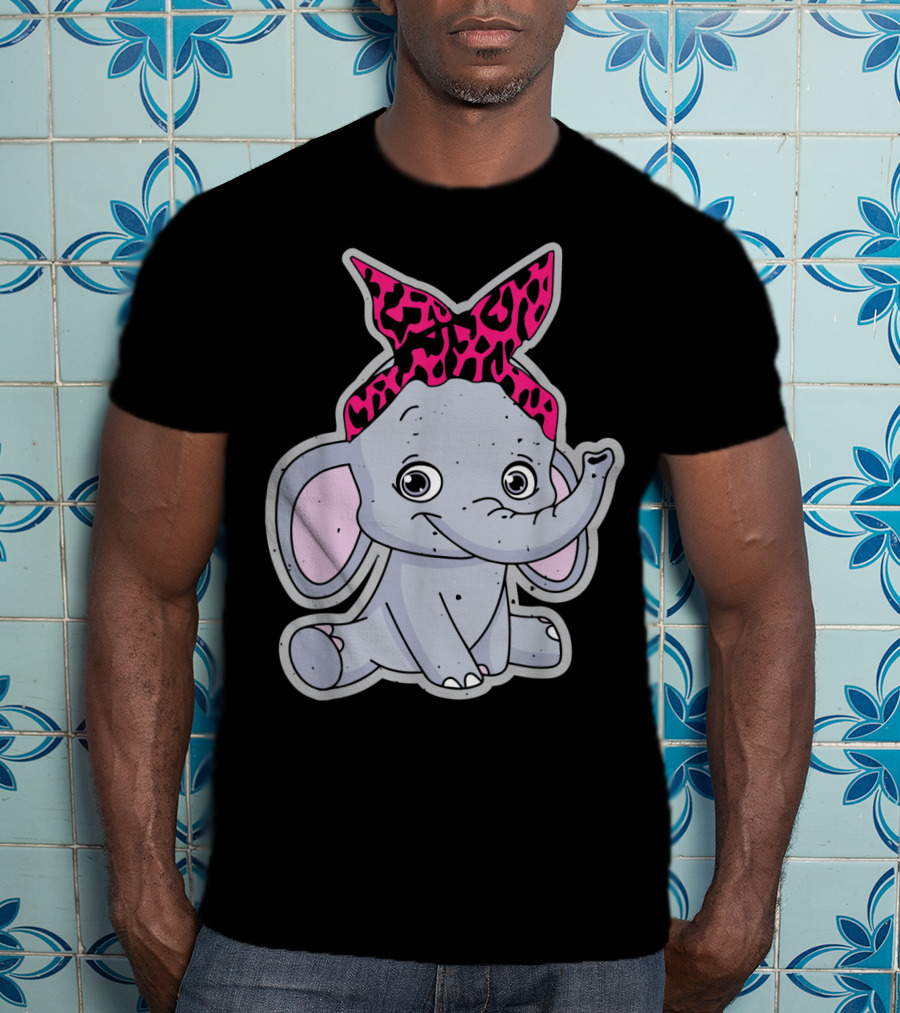 Elephants Cute Cartoon With Pink Leopard Bow T-Shirt