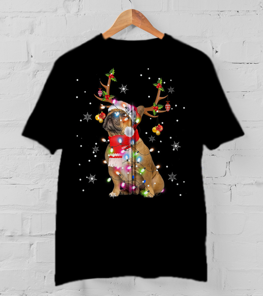 French Bulldog Reindeer Antlers Santa Hat Christmas Lights T-Shirt