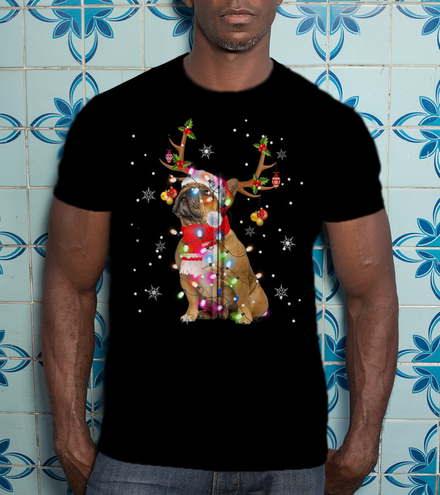 French Bulldog Reindeer Antlers Santa Hat Christmas Lights T-Shirt