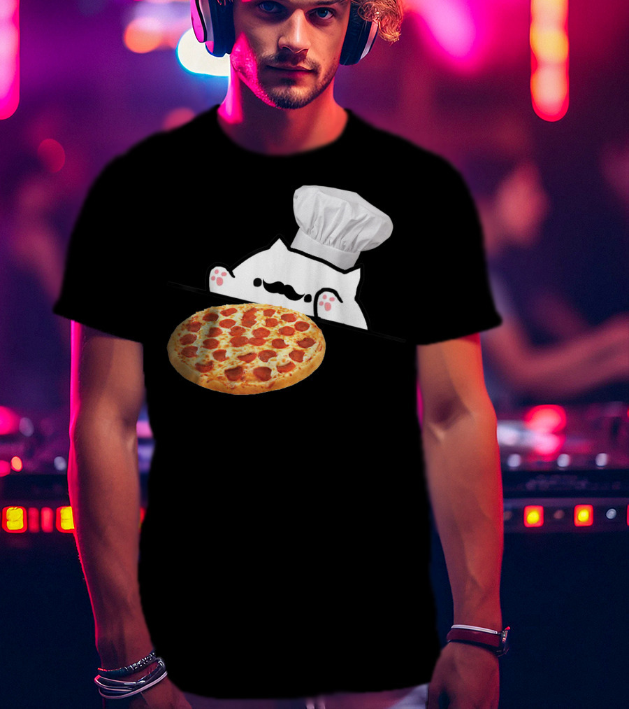 Bongo Cat Pizza Chef With Mustache And Pepperoni Pizza Humor T-Shirt
