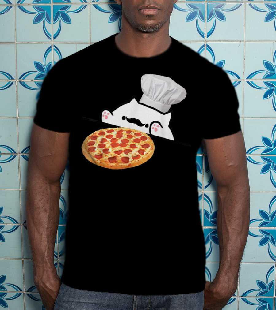 Bongo Cat Pizza Chef With Mustache And Pepperoni Pizza Humor T-Shirt