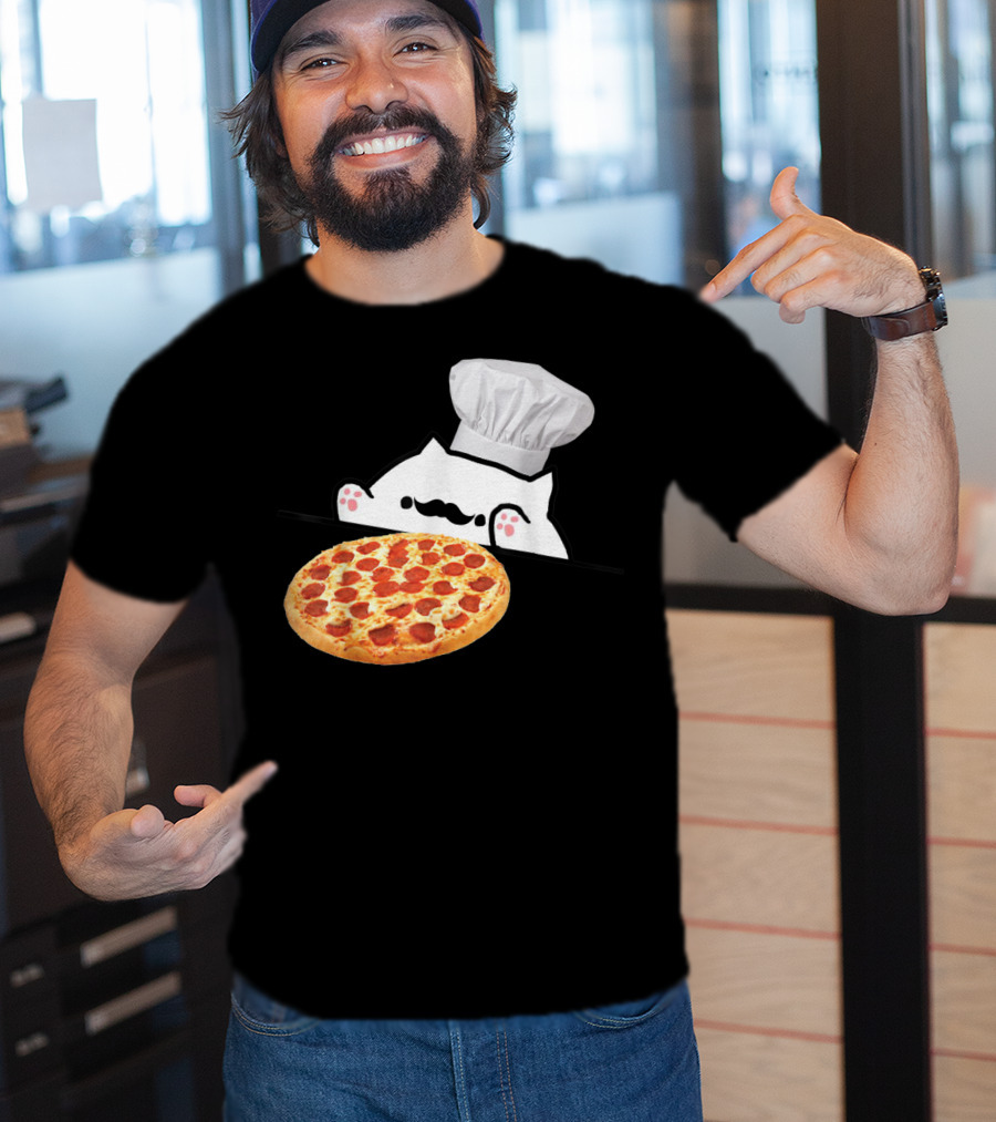Bongo Cat Pizza Chef With Mustache And Pepperoni Pizza Humor T-Shirt