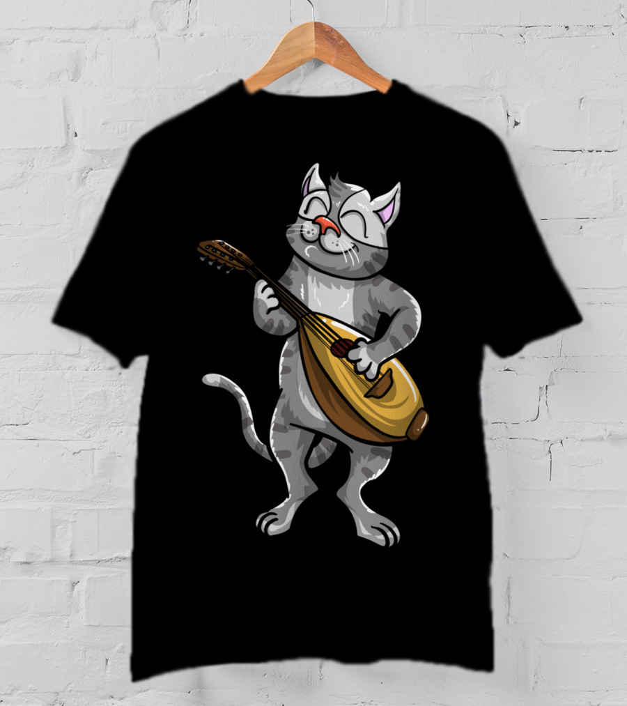 Funny Cool Cat Playing Lute Animal Musician T-Shirt